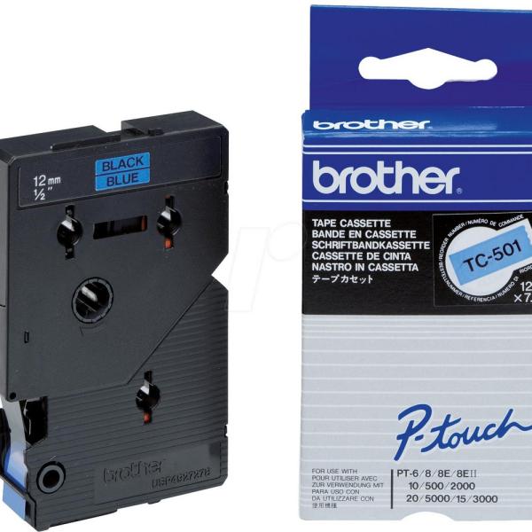 Fita Laminada TC - 501 Preto Sobre Azul (7,7mts/1,2cm) - BROTHER