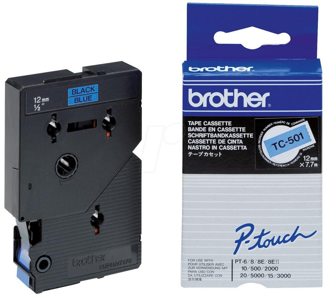 Fita Laminada TC - 501 Preto Sobre Azul (7,7mts/1,2cm) - BROTHER