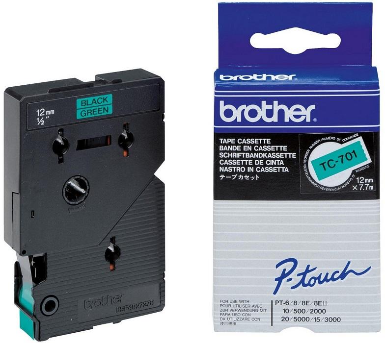 Fita Laminada TC - 701 Preto Sobre Verde (7,7mts/1,2cm) - BROTHER