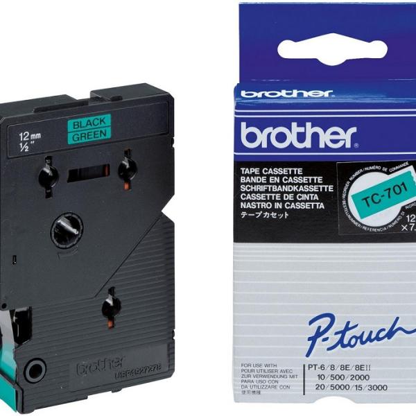 Fita Laminada TC - 701 Preto Sobre Verde (7,7mts/1,2cm) - BROTHER