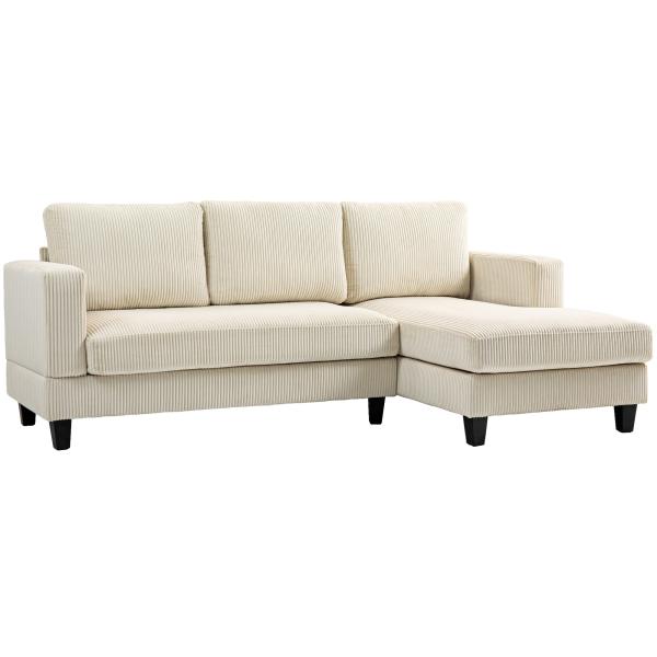 Sofá Chaise Longue de 3 Lugares em L Estofado em Veludo Assento e Encosto Almofadados 214x134x87 cm Bege