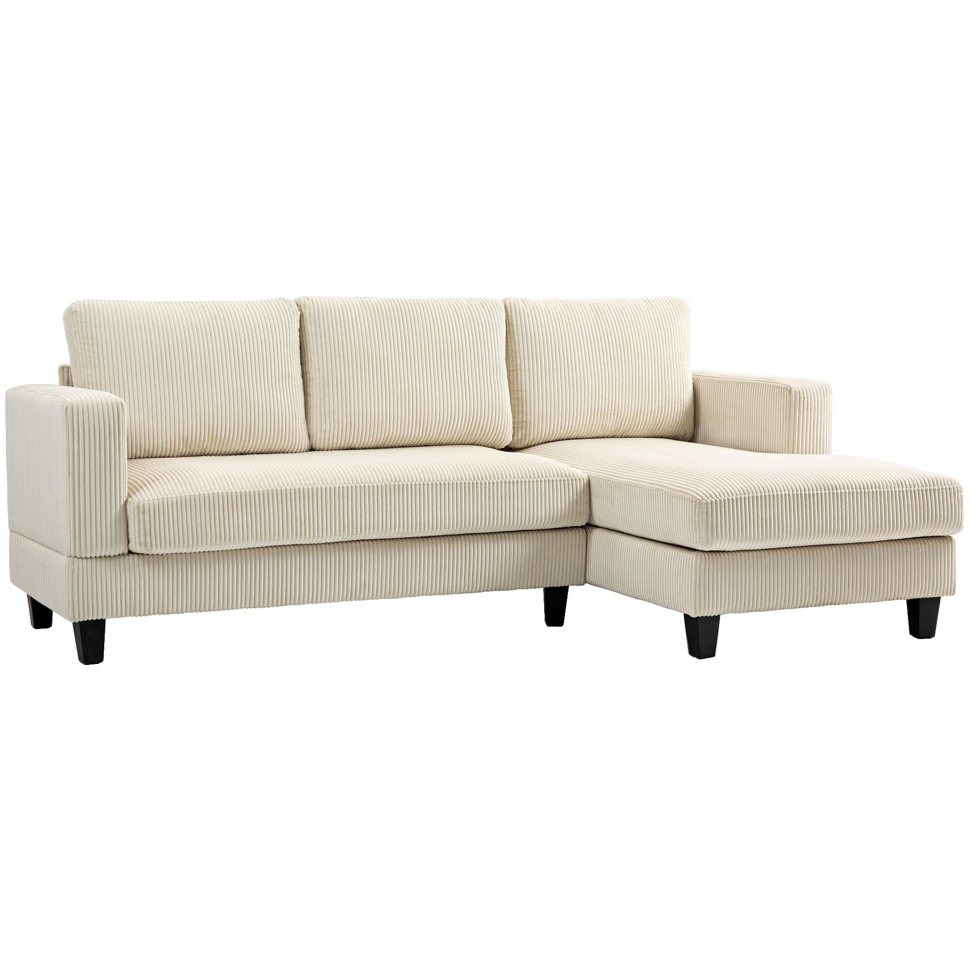 Sofá Chaise Longue de 3 Lugares em L Estofado em Veludo Assento e Encosto Almofadados 214x134x87 cm Bege