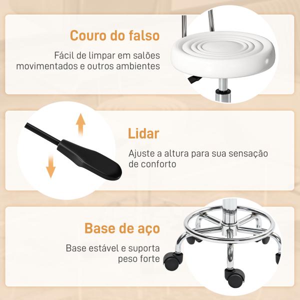 Banco Giratório com Rodas e Encosto Banco de Trabalho com Altura Ajustável Banco Estofado em Couro Sintético 32x40x70x70 - 86 cm Branco