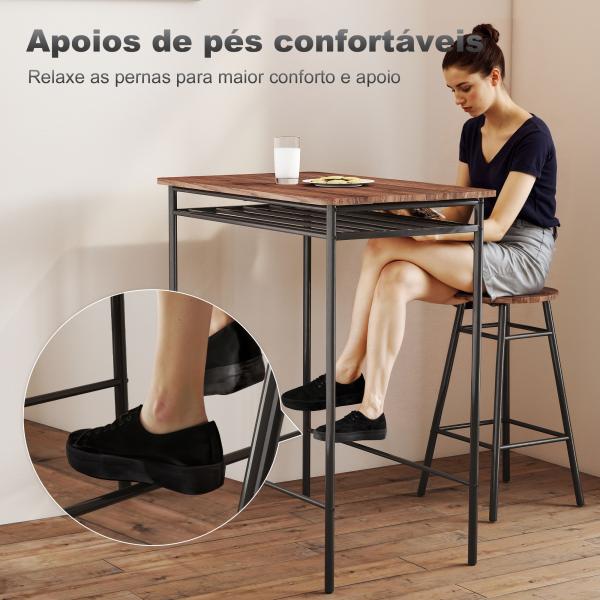 Mesa Alta de Cozinha com 2 Bancos EstiIo Industrial Prateleira Aberta Apoio para Pés para Espaços Reduzidos Castanho