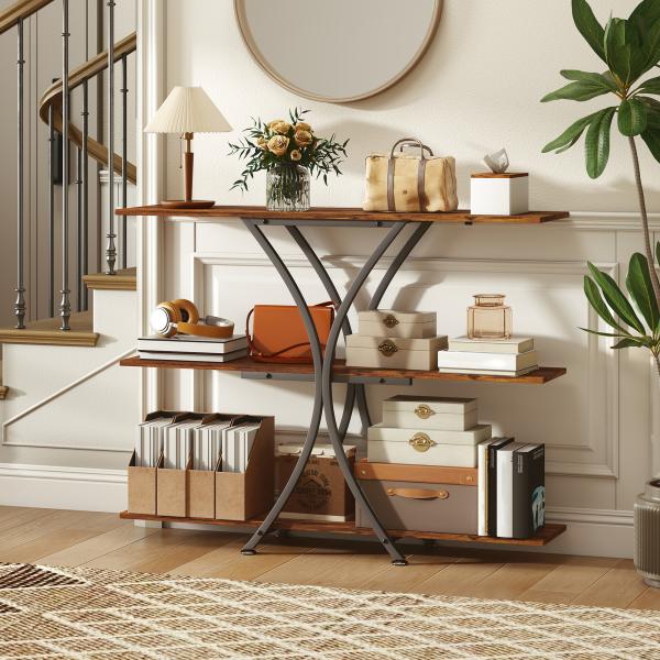 Mesa Consola de 3 Níveis Estilo Industrial com 2 Prateleiras Abertas e Estrutura Metálica em X Consola Estreita 110x30x91 cm Castanho Rústico
