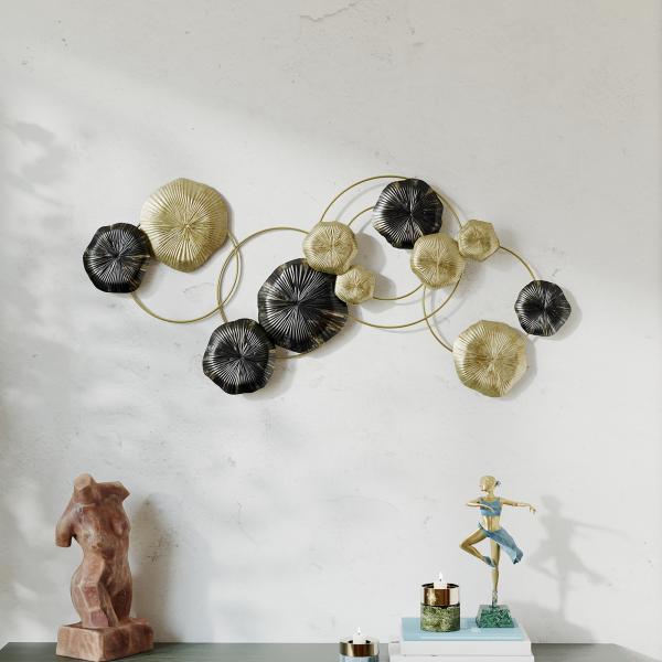 Decoração de Parede em Metal com Forma de Flor de Lótus Adorno para Sala Moderna Decoração 84x35 cm Dourado e Preto