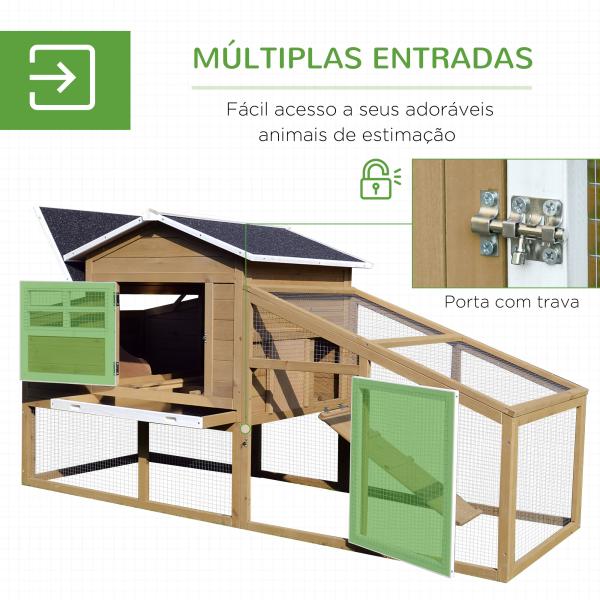 Galinheiro de Madeira Exterior Gaiola para 2 - 4 Galinhas com Grade de Arame Tetos Asfálticos Ninho Bandeja Removível Rampa e Zona Aberta 200x80x105cm Natural e Preto