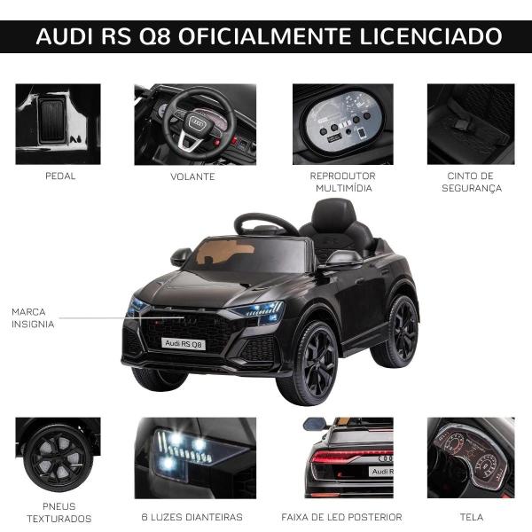 Carro Elétrico Infantil para Crianças de 3 - 5 Anos Licença Audi RS Q8 com Bateria 6V Controle a Distância Música MP3 Buzina e Luzes Velocidade Máx. 3km/h 101x62x51cm Preto