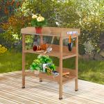 Mesa de Plantação em Madeira de 3 Níveis Mesa de Jardinagem com Placa Metálica 2 Prateleiras e Ganchos 76x37x89 cm Madeira