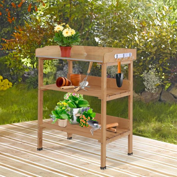 Mesa de Plantação em Madeira de 3 Níveis Mesa de Jardinagem com Placa Metálica 2 Prateleiras e Ganchos 76x37x89 cm Madeira