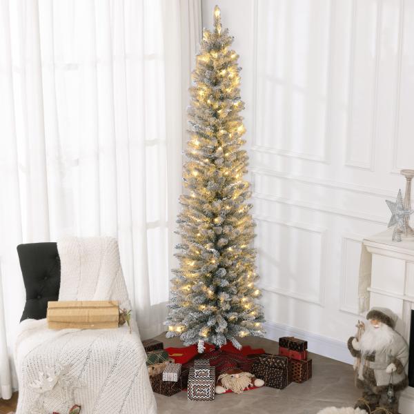 Árvore de Natal 210 cm Árvore de Natal Artificial Nevada com 180 Luzes LED 405 Ramos Verde e Branco