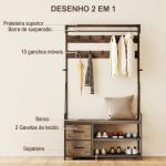 Móvel Cabide de Entrada com Banco 10 Ganchos 2 Gavetas e Barra para Pendurar Estilo Industrial 100x40x180 cm Castanho Rústico