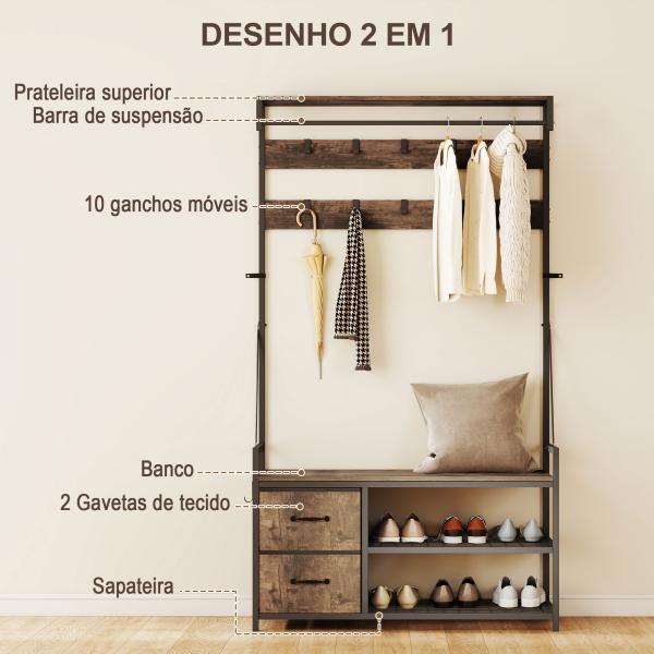 Móvel Cabide de Entrada com Banco 10 Ganchos 2 Gavetas e Barra para Pendurar Estilo Industrial 100x40x180 cm Castanho Rústico