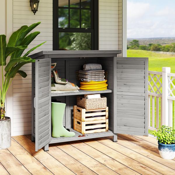 Armário de Armazenamento de Madeira para Jardim com 2 Prateleiras Interiores 2 Portas e Teto Inclinado para Exterior Terraço 87x46,5x96,5cm Cinza