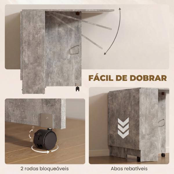 Mesa de Sala de Jantar Dobrável com 2 Prateleiras de Armazenamento e Rodas para Cozinha 75x140x74 cm Cinza