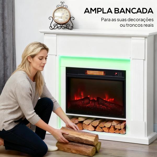 Lareira Elétrica com Efeito de Chama 3D e Tira de Luz LED RGB 1800W Temporizador para 30 m² 105x27x97 cm Branca