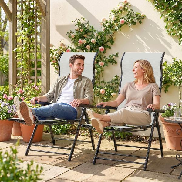 Conjunto de 2 Cadeiras Dobráveis Reclináveis de Jardim Exterior com Encosto Alto Ajustável em 5 Posições Apoio para Pés Cinza Claro