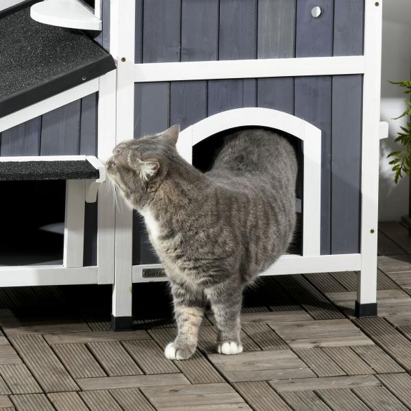 Casa para Gatos de Madeira com Suporte para Flores de 2 Níveis e Teto Asfáltico 96x65x85,5 cm Cinza