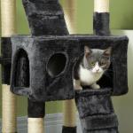 Arranhador para Gatos Grande 49x49x173 cm com Múltiplos Níveis Cavernas e Brinquedos Suspensos Cinza