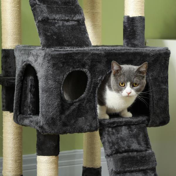 Arranhador para Gatos Grande 49x49x173 cm com Múltiplos Níveis Cavernas e Brinquedos Suspensos Cinza