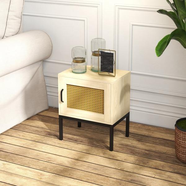 Mesa de Cabeceira com Porta de Vime Estilo Cannage com Pés de Metal 43x30x51 cm Madeira e Preto
