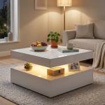 Mesa de Centro com LED RGB de 7 Cores com Armazenamento Aberto e Controlo Remoto 78x78x40 cm Branco