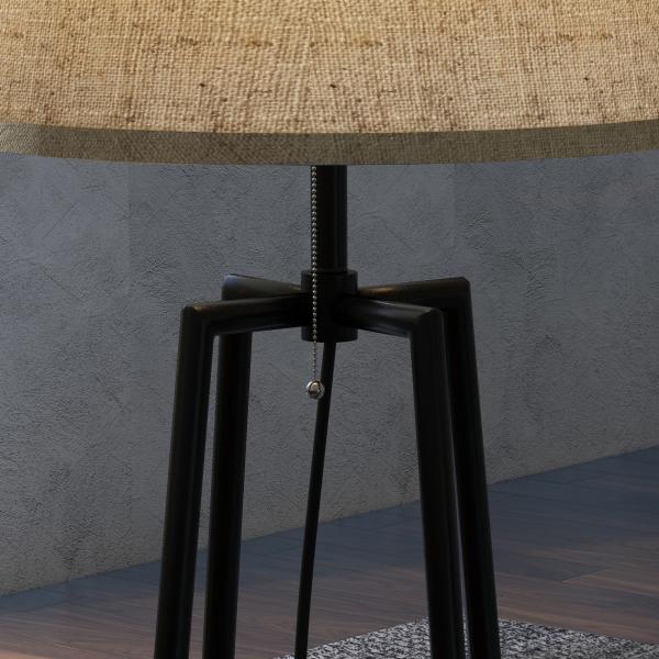 Candeeiro de Pé com 2 Prateleiras Soquete E27 40 W Abat - Jour Têxtil 42x42x166 cm Preto