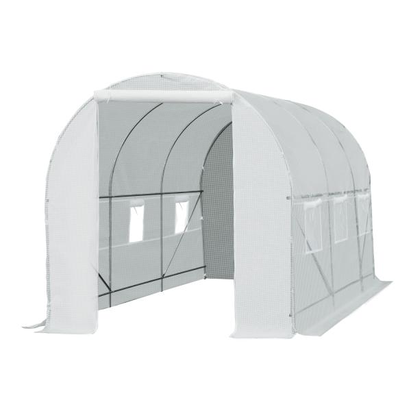Estufa tipo Túnel 445x200x200 cm com Porta Enrolável e 6 Janelas Cobertura de PE 140 g/m² Anti - UV Branco