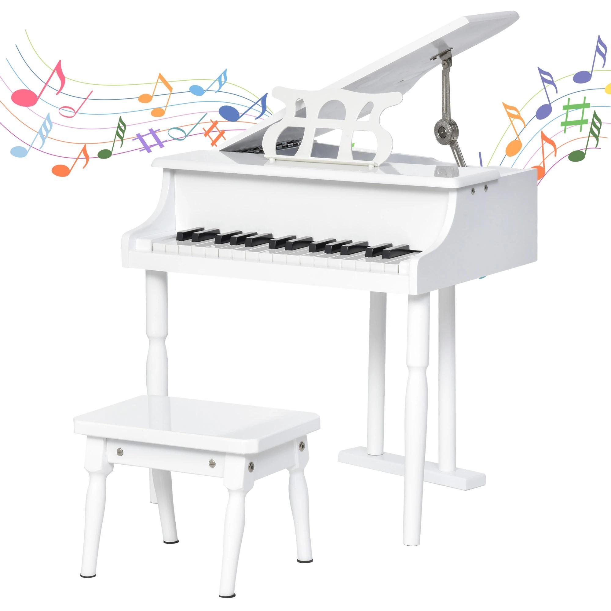 Piano de Cauda Infantil com 30 Teclas Banco Suporte de Partituras Piano para Crianças de MDF Instrumento Musical Educativo 52x50x49cm Branco