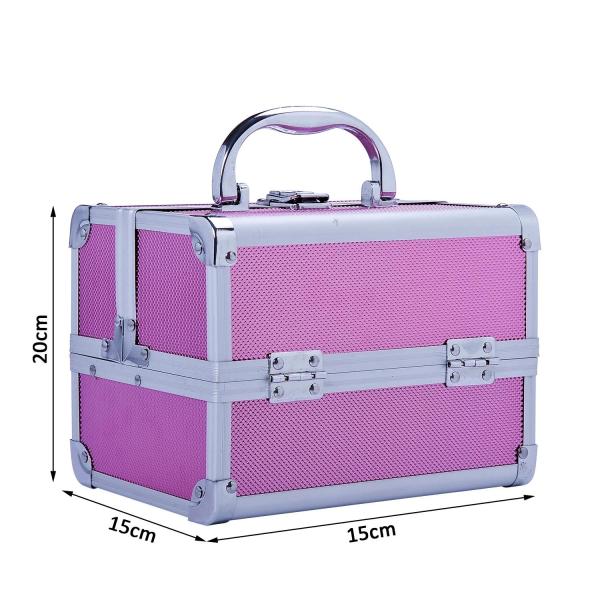 Estojo de Maquiagem Profissional Portátil de Cosméticos com Bandejas de 3 Níveis e Espelho 2 Chaves para Porta - Joias Manicure 15x15x20cm Rosa