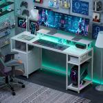 Secretária com Luzes LED, Gavetas, Tomadas, Portas USB e Suporte para Monitor, 155,5x48x88,5 cm, Branco
