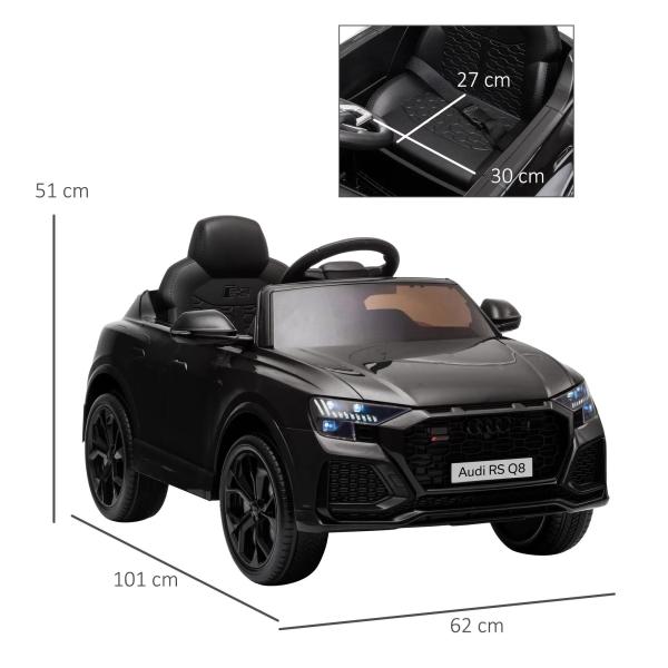 Carro Elétrico Infantil para Crianças de 3 - 5 Anos Licença Audi RS Q8 com Bateria 6V Controle a Distância Música MP3 Buzina e Luzes Velocidade Máx. 3km/h 101x62x51cm Preto