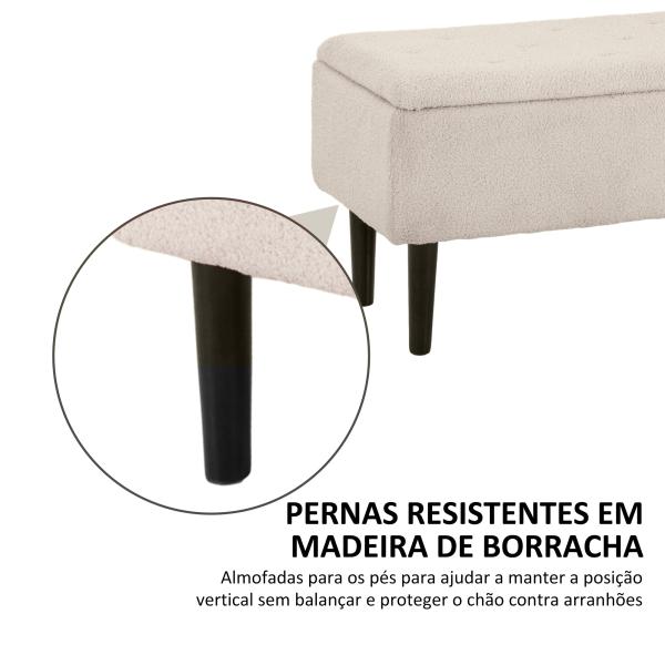 Banco de Armazenamento em Borrego Capacidade 47L Tampa Abatível e Pés de Madeira de Borracha Carga 120 kg 95x38x45 cm Bege