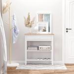 Mesa Consola Multifuncional Mesa Auxiliar para Sala de Estar Corredor Sala de Jantar com 2 Prateleiras 1 Gaveta Removível Puxador Estilo Retro Pinho 75,6x27,5x80,5 cm Madeira Natural e Branco