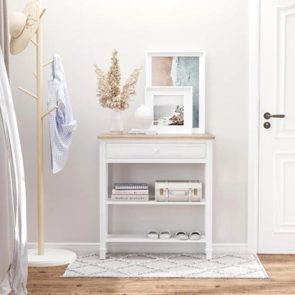 Mesa Consola Multifuncional Mesa Auxiliar para Sala de Estar Corredor Sala de Jantar com 2 Prateleiras 1 Gaveta Removível Puxador Estilo Retro Pinho 75,6x27,5x80,5 cm Madeira Natural e Branco