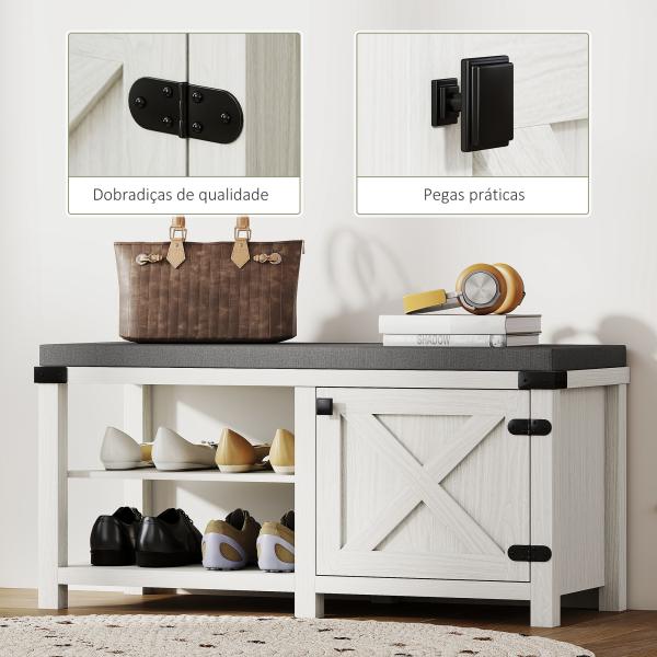 Banco Sapateira Rústico Organizador de Sapatos com Compartimentos para 7 Pares de Sapatos 100x40x48 cm Branco com Veios e Cinza