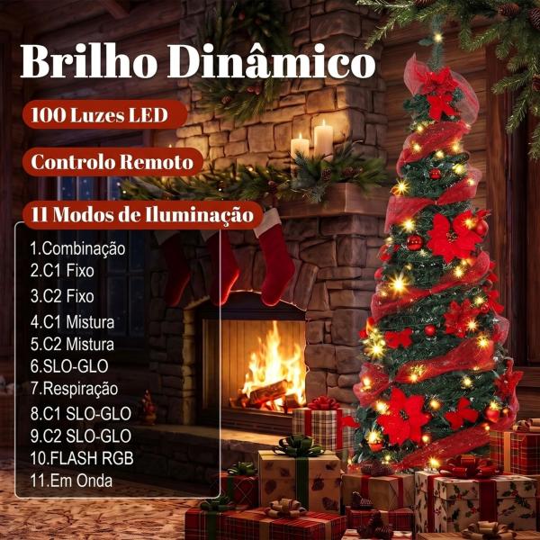 Árvore de Natal Artificial de 150 cm com 100 Luzes LED, 150 Ramos, 11 Modos, Bolas, Fitas e Base Dobrável, Verde e Vermelho
