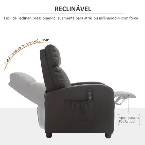 Poltrona de Massagem Reclinável com 2 Zonas de Massagem 8 Programas e 5 Níveis de Intensidade 68x88x98 cm Marrom Escuro