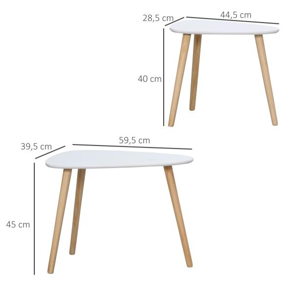Conjunto de 2 Mesas Auxiliares com Pés de Madeira Mesas de Café 59,5x39,5x45cm e 44,5x28,5x40cm Branco