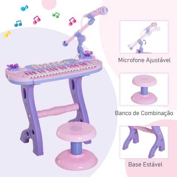 Piano Infantil 37 Teclas Teclado Eletrônico Brinquedo Educacional para Crianças + 3 Anos com Microfone Banco de Luzes e 22 Canções USB/MP3 Karaokê Rosa