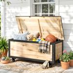 Baú de Exterior 121 L Baú de Armazenamento em Madeira com 4 Rodas para Jardim Pátio Varanda 100x50x43 cm Natural e Preto