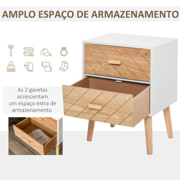 Mesa de Cabeceira com 2 Gavetas Espaço de Armazenamento para Dormitório 40x30x55,5 cm Branco e Madeira