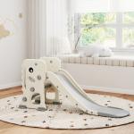 Escorrega Infantil 3 em 1 Dobrável com Escada Cesto de Basquetebol e Desenho de Dinossauro 146x52x65 cm Creme e Cinza