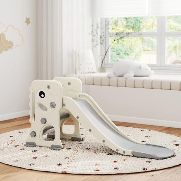 Escorrega Infantil 3 em 1 Dobrável com Escada Cesto de Basquetebol e Desenho de Dinossauro 146x52x65 cm Creme e Cinza