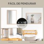Espelho de Parede Decorativo 50x70 cm Espelho Retangular Espelho de Sala com 4 Ganchos Metálicos Estilo Moderno Madeira
