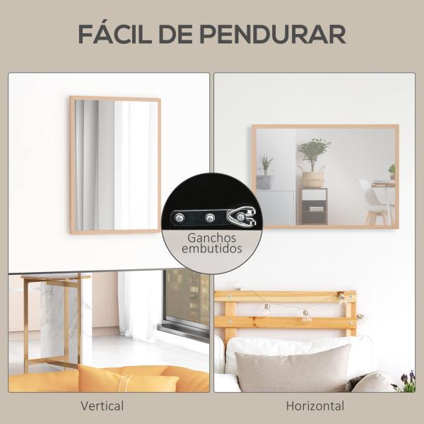 Espelho de Parede Decorativo 50x70 cm Espelho Retangular Espelho de Sala com 4 Ganchos Metálicos Estilo Moderno Madeira