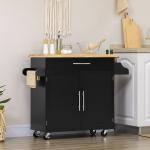 Ilha de Cozinha com Armário Portas e Prateleira Interior Ajustável Gaveta Barra e Suporte para Temperos Móvel Aparador Auxiliar com Rodas para Sala de Jantar 109x40x89cm Preto