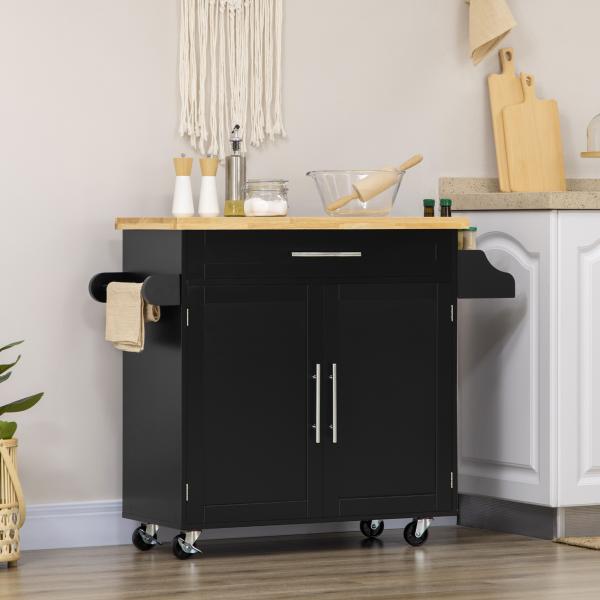 Ilha de Cozinha com Armário Portas e Prateleira Interior Ajustável Gaveta Barra e Suporte para Temperos Móvel Aparador Auxiliar com Rodas para Sala de Jantar 109x40x89cm Preto