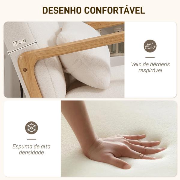 Poltrona de Baloiço com Apoio para os Pés Estofado em Bouclé com Almofada Acolchoada Encosto Ergonómico Apoios de Braços e Pés de Madeira 64,5x82x89 cm Branco