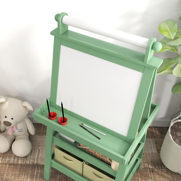 Cavalete de Pintura Infantil 3 em 1 Quadro Dupla Face com Rolo de Papel e Cestos de Arrumação Verde